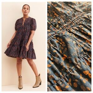 Anthropologie Navy Blue floral Tiered Mini Dress sun puff sleeve XS